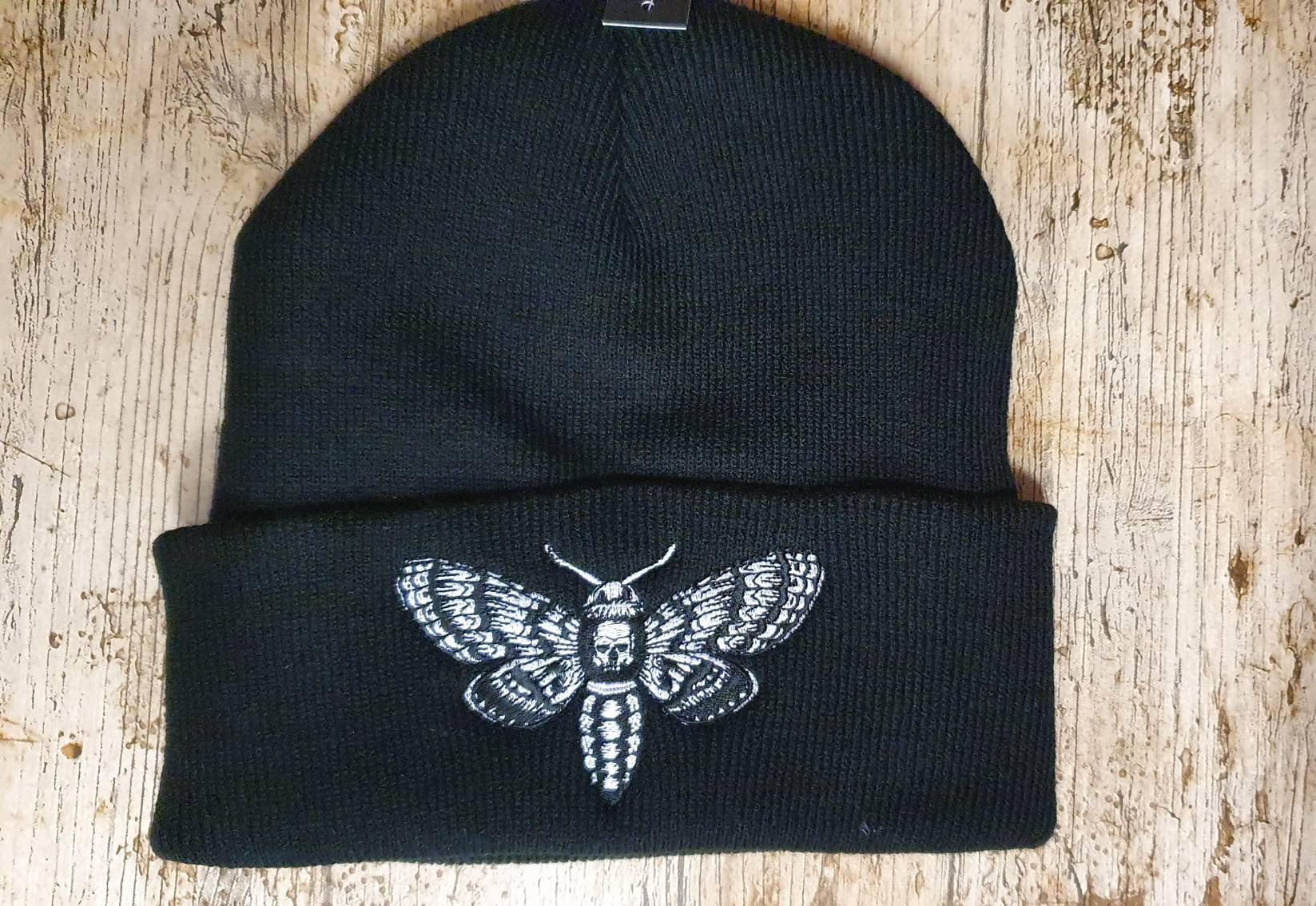 Embroidered Death Head Moth Beanie - Goth Winter Hat - Etsy display picture 1