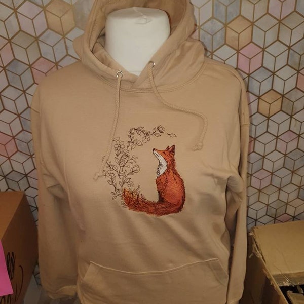 Floral tailed fox bespoke embroidered hoodie made to order winter gift idea