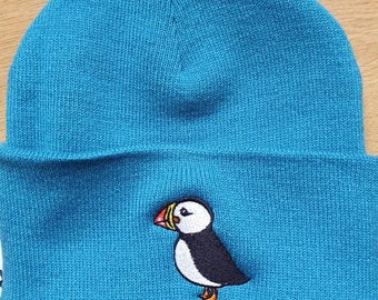 Cute embroidered puffin winter bobble beanie hat