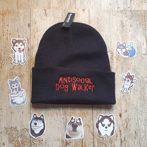 Antisocial dog walker funny embroidered beanie hat gift idea adults hat