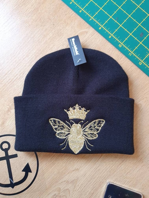 Gold Metallic Embroidered Black Beanie 