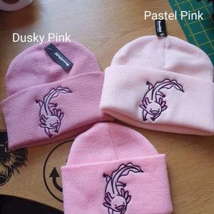 Cute pink chibi kawaii axolotl custom embroidered beanie hat Christmas gift idea harajuku newt Mexican salamander rare pet