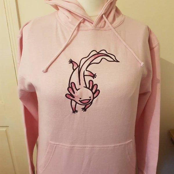 Cute embroidered pink axolotl hoodie made to order in your size kawaii custom made bespoke