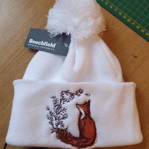 Floral fox winter embroidered beanie hat