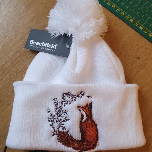 Floral fox winter embroidered beanie hat