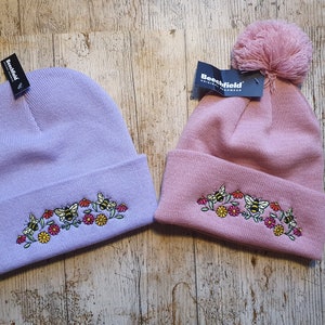 Stunning honey bee floral fottagecore embroidered autumn winter bobble beanie hat