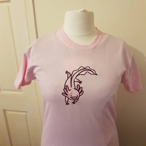 Cute pink embroidered axolotl t-shirt sizes xs-xxl custom made to order