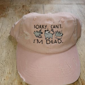 Pode incluir: Boné de beisebol rosa com um design bordado de três gambás e o texto "Desculpe. Não posso. Estou morto."