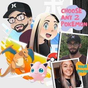 Aangepast portret Pokémon-trainer – gepersonaliseerde digitale afbeelding of gedrukte poster | Uniek vaderdagcadeau, huisdier- en familiefanart