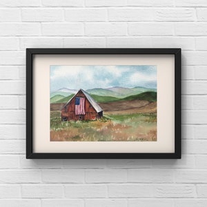 Red Barn with American Flag | Watercolor Art Print | Americana | red barn | original art print | art