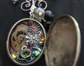 Vintage locket necklace, handshaped sterling wire, black sitaras beads, swarovski crystal, Victorian, Edwardian, mixed media, boho, funky