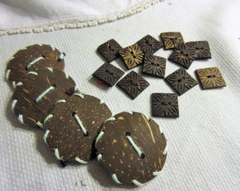 assortment of coco shell buttons, 4 round large, 12 square medium, brown, sewing, crafts, mixed media