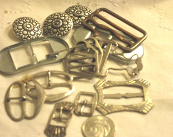 mixed assotment vintage buckles and buttons, 1920s to 60s, sewing, projects, mixed media, silver toned, metal, assorted sizes, shapes
