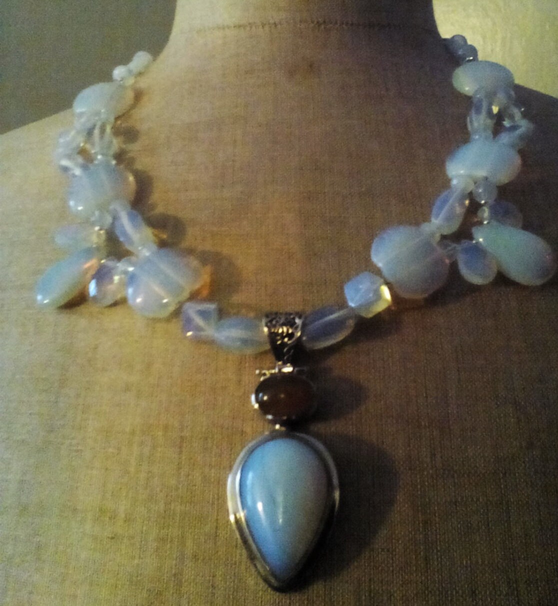 Moonstone Necklace, With Beads and Pendant, 2 Strand, Sterling, Opalite
