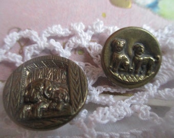 2 Victorian brass picture buttons, puppies, 2 different designs, sizes, raised design, rare find, collectible, art projects, sewing, journal