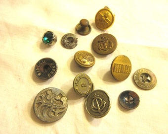 13 vintage metal buttons assortment, 1800s to 1960, various sizes, mostly with writing or design, mostly shanked, collectible, mixed media,