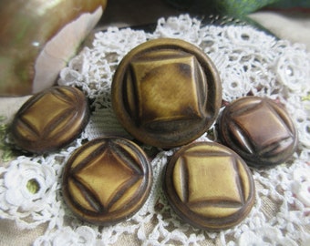 set of 5 art deco buttons, tight tops, celluloid and metal, shanked, brown, 1930's, one large 4 medium, sewing, mixed media
