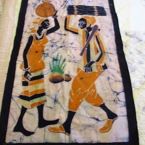 hand batiked fabric section, African design, African art, two women carry water, beautifully dyed, signed, lots of possibilities