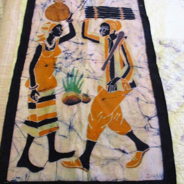 section de tissu batiké à la main, design africain, art africain, deux femmes portent de l'eau, magnifiquement teint, signé, beaucoup de possibilités