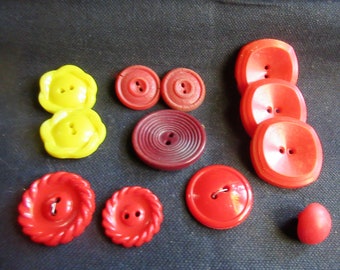 1830's, 40's 50's red buttons, yellow buttons, true vintage, some bakelite, various sizes sewing, crafts, mixed media, scrapbooking