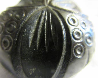 1930's art deco black bakelite button, french, dome shaped, engraved with circles, lines, large, collectible, sewing. metal shank