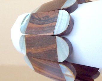 Chunky Cuff Stretch Bracelet, Two-tone Wooden Beads, Mother of Pearl Inlaid Pattern, Wide Large Statement Costume Jewelry, Unique Accessory