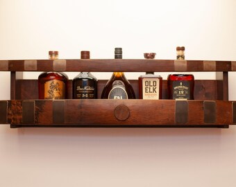 Wooden Floating Bourbon Whiskey Shelf | Barrel Stave Display | Reclaimed Wood Decor | Handcrafted Wine Barrel Furniture