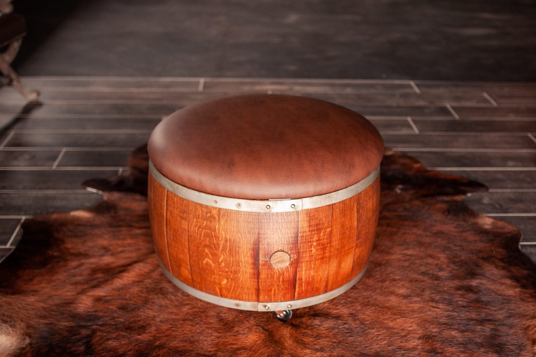 Wooden Wine Barrel Ottoman Chair, Leather/vegan Leather Seat, Reclaimed ...