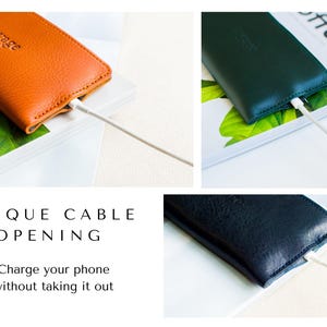May include: A collage of three leather phone cases in orange, green, and navy blue, each with a white charging cable inserted. The cases are on a white surface with text that reads "UNIQUE CABLE OPENING" and "Charge your phone without taking it out."