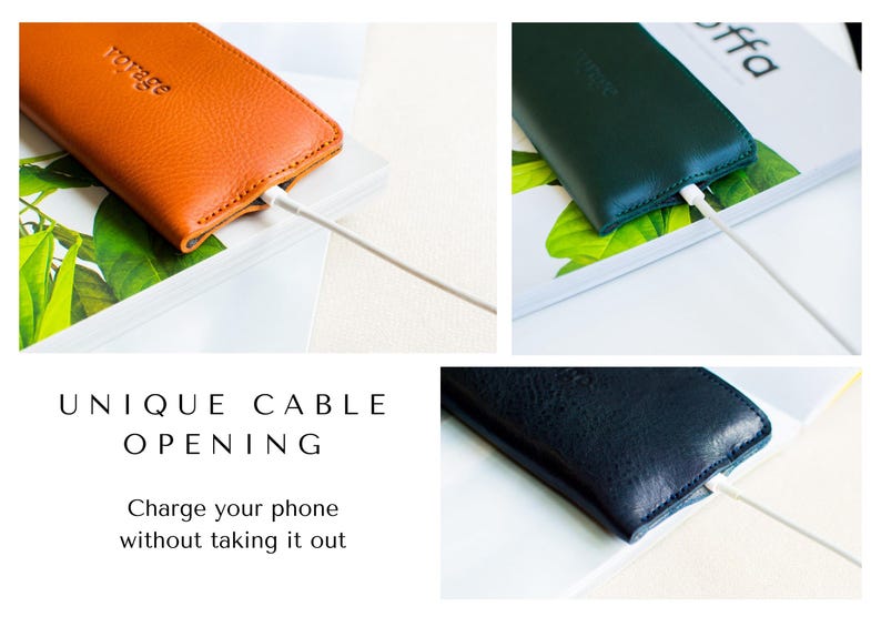 May include: A collage of three leather phone cases in orange, green, and navy blue, each with a white charging cable inserted. The cases are on a white surface with text that reads "UNIQUE CABLE OPENING" and "Charge your phone without taking it out."