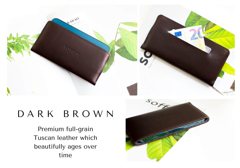 May include: Dark brown leather wallet with the embossed word "voyage". The wallet is shown with a blue phone inside and also with a twenty euro bill. The text "Premium full-grain Tuscan leather which beautifully ages over time" is also visible.