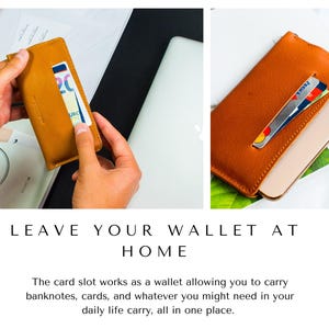 May include: A tan leather cardholder with a card and a banknote visible in the slot. The image also shows a phone and a credit card. The text "LEAVE YOUR WALLET AT HOME" is displayed.