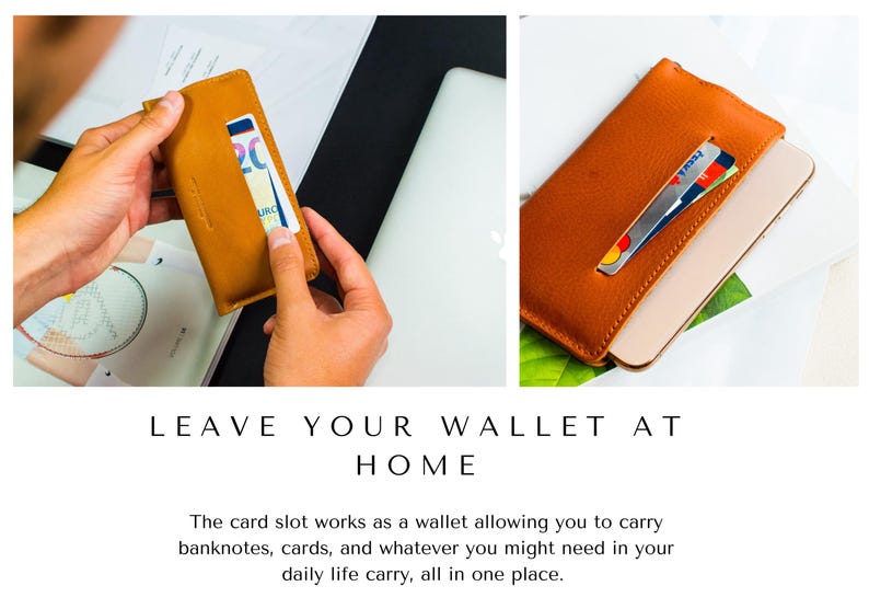 May include: A tan leather cardholder with a card and a banknote visible in the slot. The image also shows a phone and a credit card. The text "LEAVE YOUR WALLET AT HOME" is displayed.