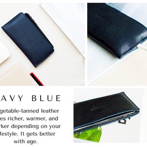 May include: Navy blue leather phone case with the embossed word "voyage". The case is shown in multiple views, with a laptop and notebook in the background. The text "NAVY BLUE" and product description are also visible.
