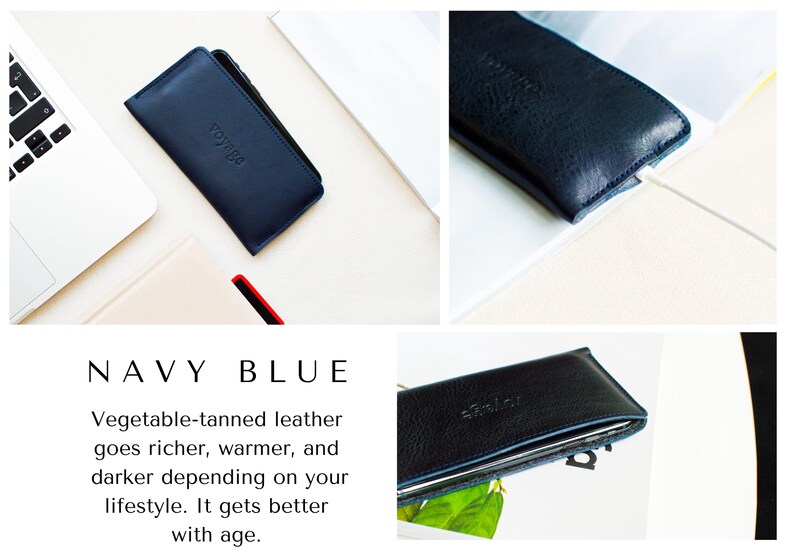 May include: Navy blue leather phone case with the embossed word "voyage". The case is shown in multiple views, with a laptop and notebook in the background. The text "NAVY BLUE" and product description are also visible.