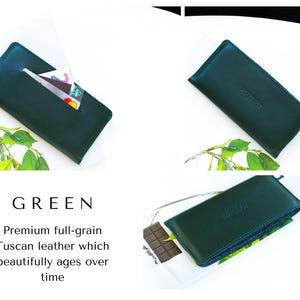 May include: A dark green leather wallet with a card slot, showcasing a minimalist design. The wallet is displayed on a white surface with a sprig of green leaves. The word "GREEN" is displayed below the wallet.