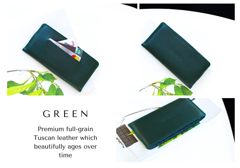 May include: A dark green leather wallet with a card slot, showcasing a minimalist design. The wallet is displayed on a white surface with a sprig of green leaves. The word "GREEN" is displayed below the wallet.