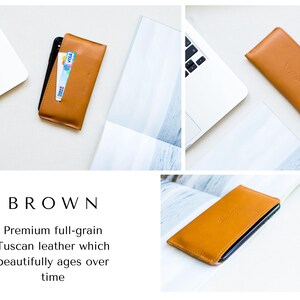 May include: A brown leather phone case with a card slot, holding a phone and a credit card. The case is made of premium full-grain Tuscan leather. The word "BROWN" is displayed in large text.