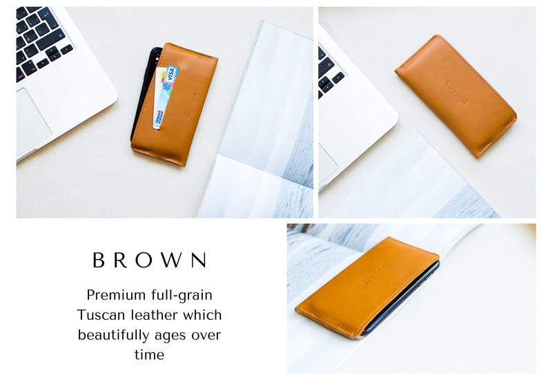 May include: A brown leather phone case with a card slot, holding a phone and a credit card. The case is made of premium full-grain Tuscan leather. The word "BROWN" is displayed in large text.