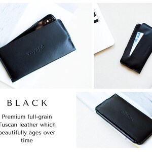 May include: Black leather phone case with the embossed word "voyage". The case is shown with a phone inside and a credit card. The text "BLACK" is displayed below the images. The case is made of premium full-grain Tuscan leather.