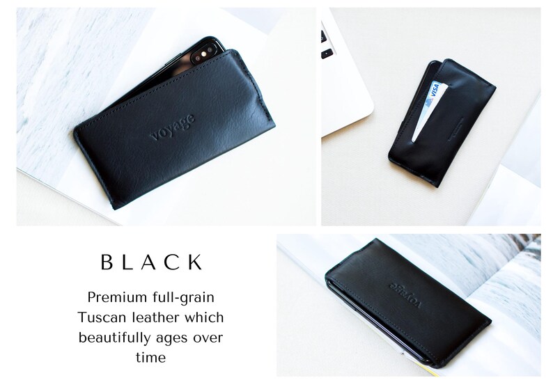 May include: Black leather phone case with the embossed word "voyage". The case is shown with a phone inside and a credit card. The text "BLACK" is displayed below the images. The case is made of premium full-grain Tuscan leather.