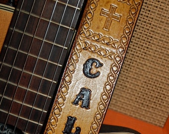 Leather Guitar Strap - Personalized Guitar Strap - Basketweave Guitar Strap - Custom Guitar Strap - Cross Guitar Strap