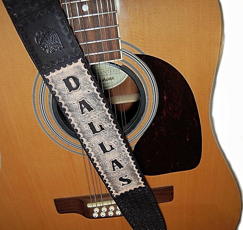 Black Leather Guitar Strap With Black Letters Personalized Etsy UK