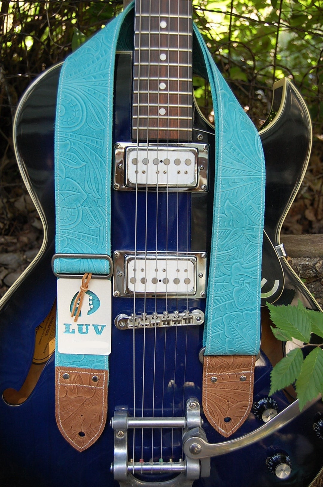Vintage Style Slide Buckle Turquoise Leather Guitar Strap Turquoise