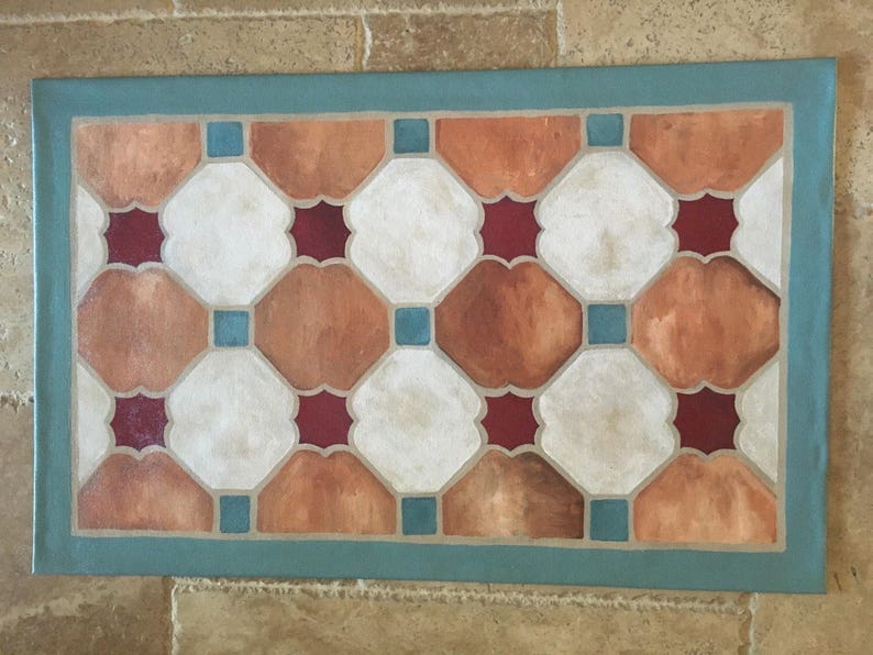 Floorcloth No 1 Aqua Terra Cotta Tiles Canvas Hand Etsy