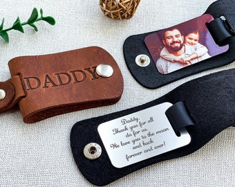 Dad gift for fathers day leather keychain with photo & text, Photo keyring for daddy,Personalized gift for father from daughter,Family photo