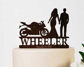 Wedding cake topper couple with motorcycle, Personalized motorbike wedding, Rustic mr and mrs topper, Bride and groom silhouette topper