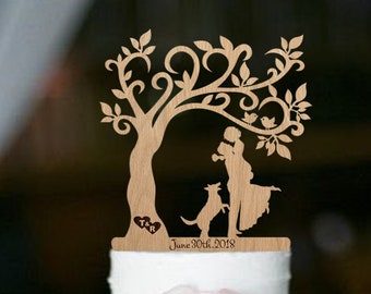 Wedding cake topper Couple with dog wedding couple silhouette family of three Mr Mrs Cake Topper bride and groom Rustic Topper Custom Topper