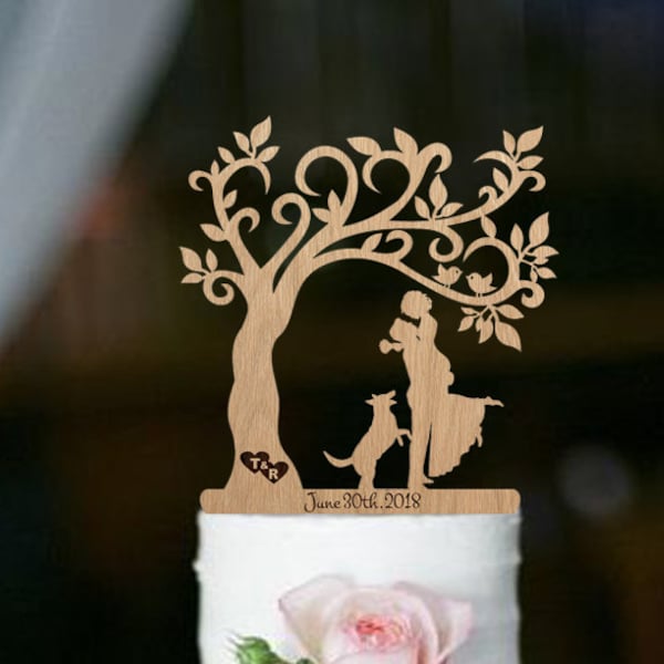 Wedding cake topper Couple with dog wedding couple silhouette family of three Mr Mrs Cake Topper bride and groom Rustic Topper Custom Topper