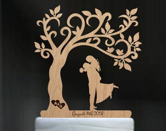 Wedding cake topper tree Rustic cake topper Wood cake topper Personalised topper  Mr and Mrs Topper Custom Cake Topper Silhouette couple